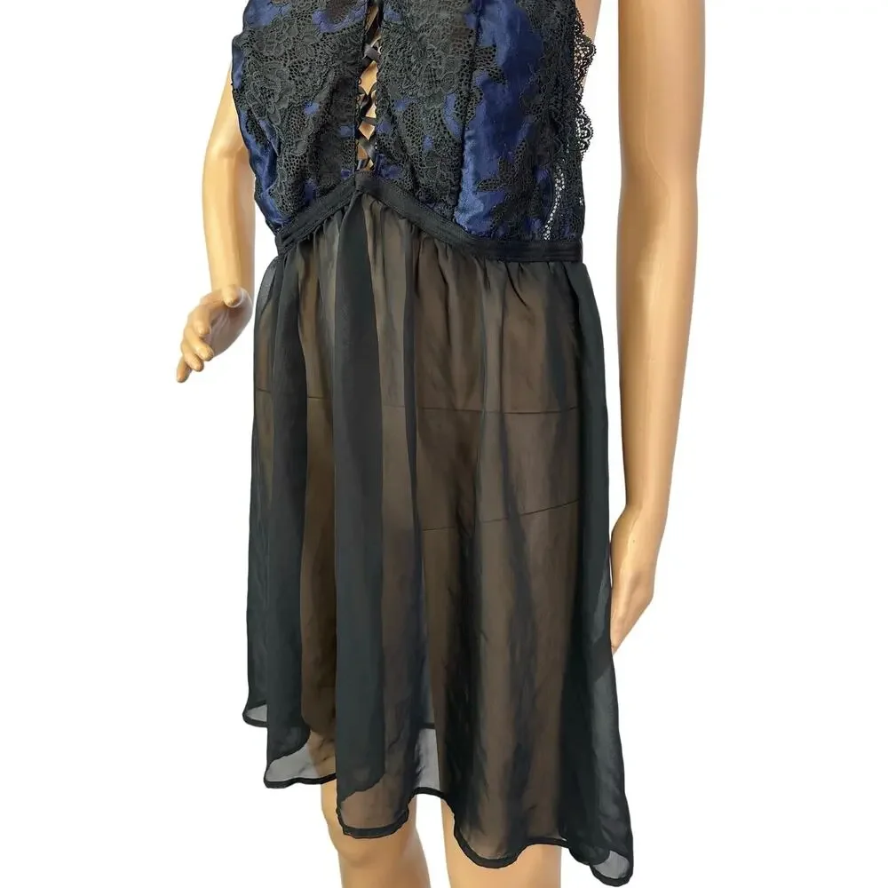 Cacique Lane Bryant Lace-Up Babydoll Lingerie Blue Black Plus Size 18/20
